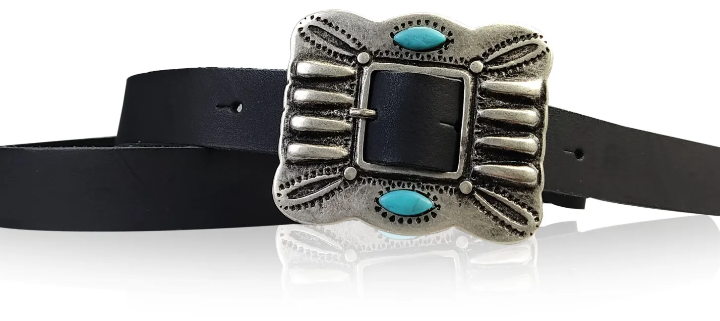 ETHNO-Damen Ledergürtel 2 cm, große Ethno Gürtelschnalle mit türkisen Steinen