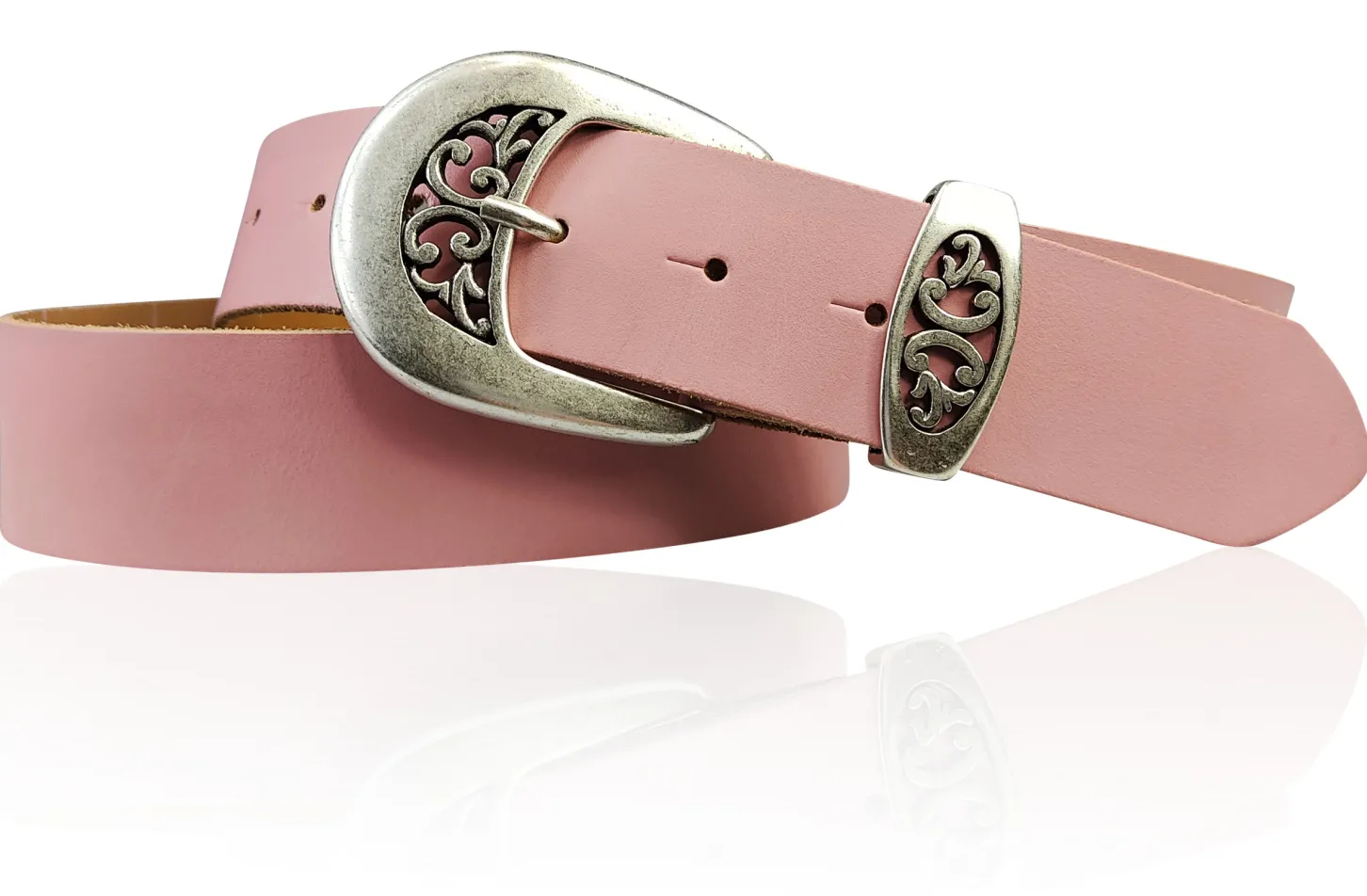 FRESCO schöner Damen Ledergürtel 4 cm mit floraler Gürtelschnalle altsilber, Ledergürtel