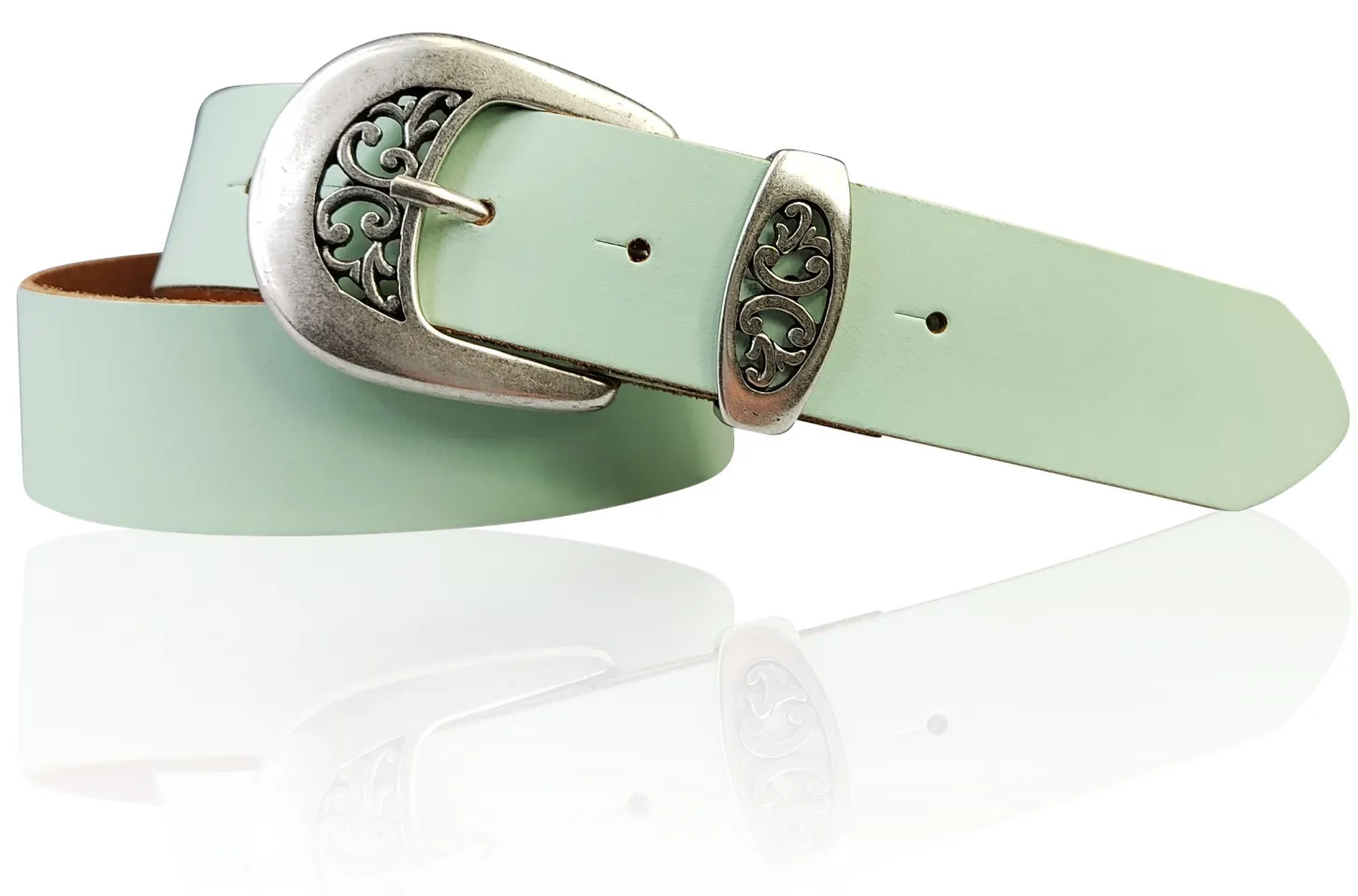 FRESCO schöner Damen Ledergürtel 4 cm mit floraler Gürtelschnalle altsilber, Ledergürtel