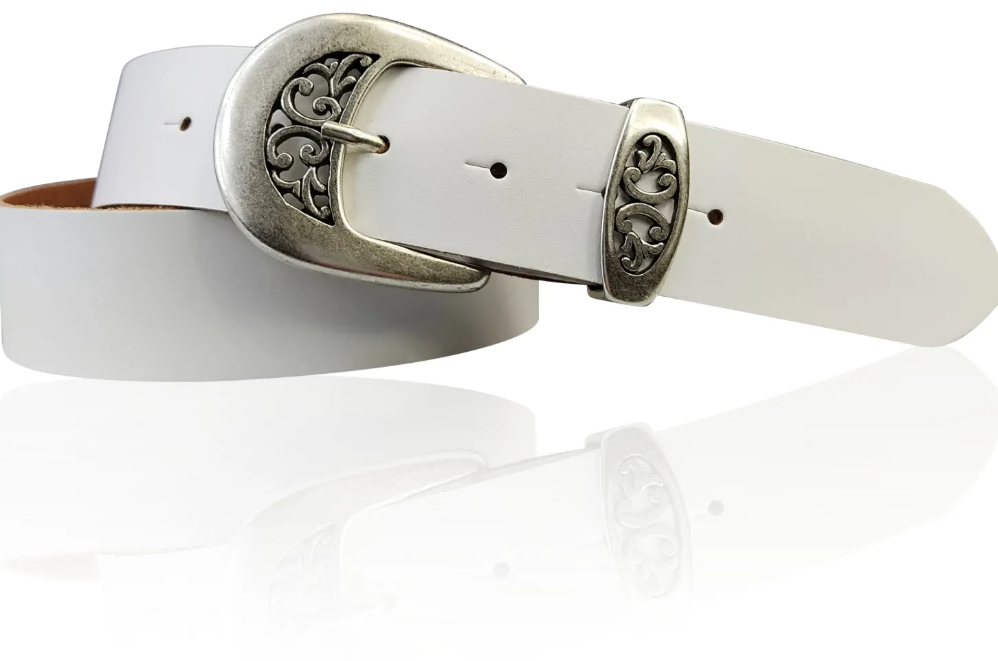 FRESCO schöner Damen Ledergürtel 4 cm mit floraler Gürtelschnalle altsilber, Ledergürtel