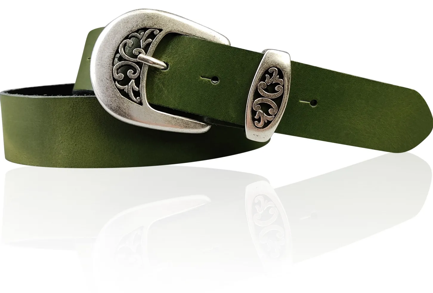 FRESCO schöner Damen Ledergürtel 4 cm mit floraler Gürtelschnalle altsilber, Ledergürtel