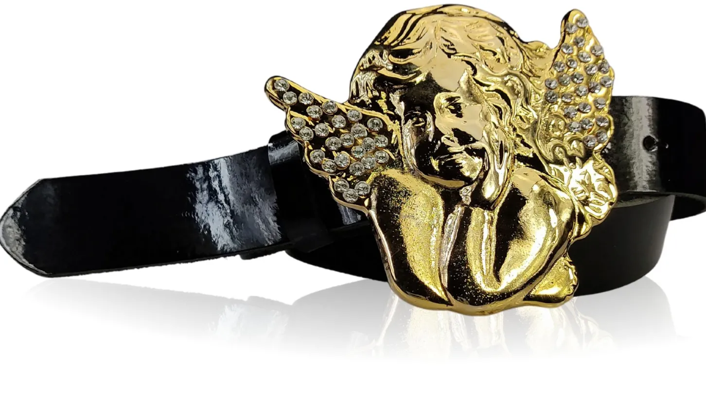 GOLDENES ENGELCHEN Lackgürtel mit goldener Engel-Gürtelschnalle und Strass