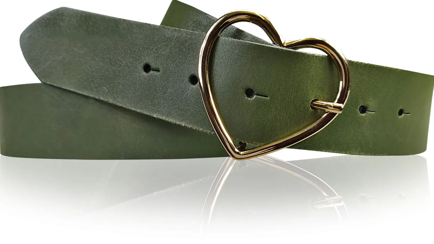 GOLDHERZ Herz Damen Ledergürtel 3,5cm, goldene Herz Gürtelschnalle, echt Leder