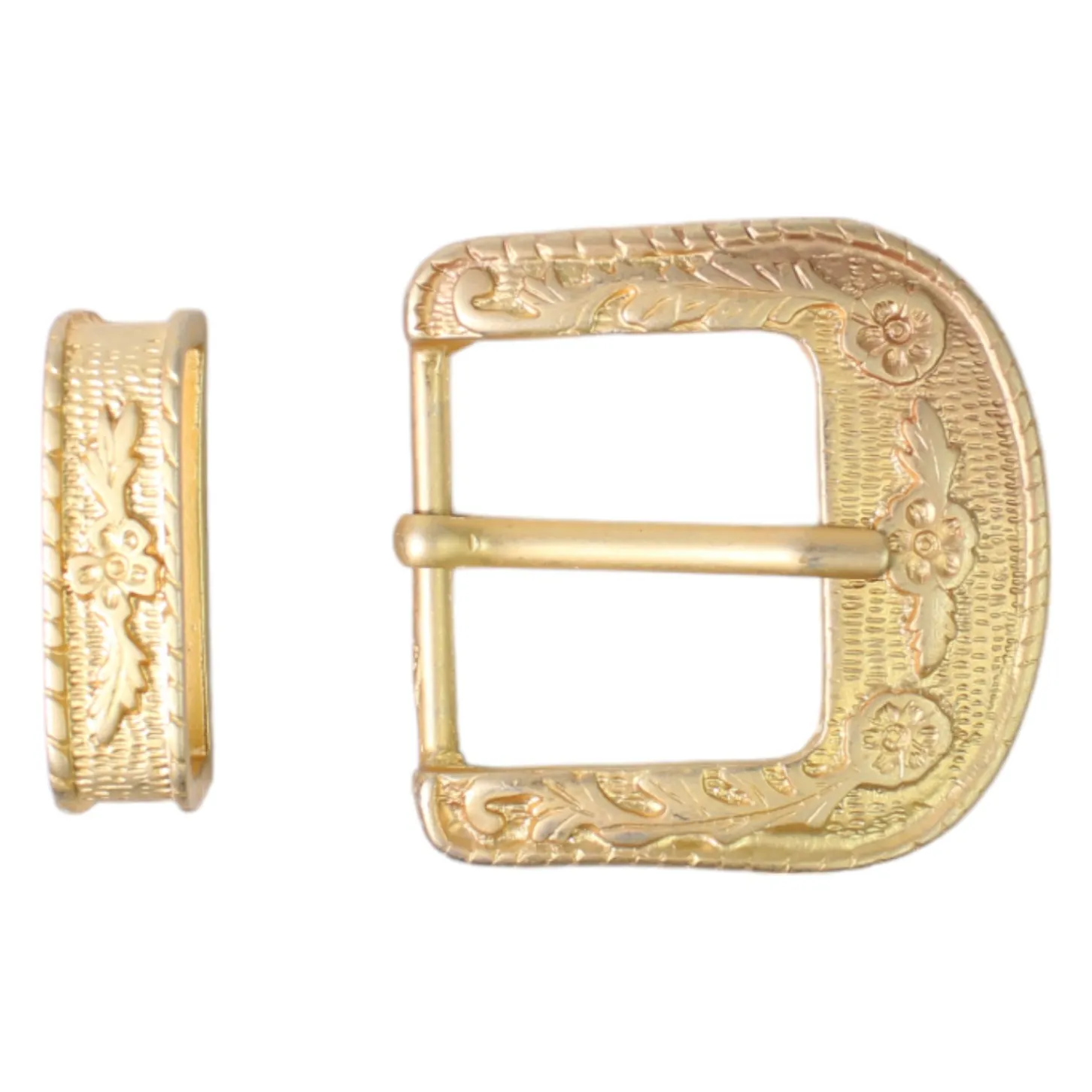 Gürtelschnalle + Schlaufe in mattgold, floral, 4 cm