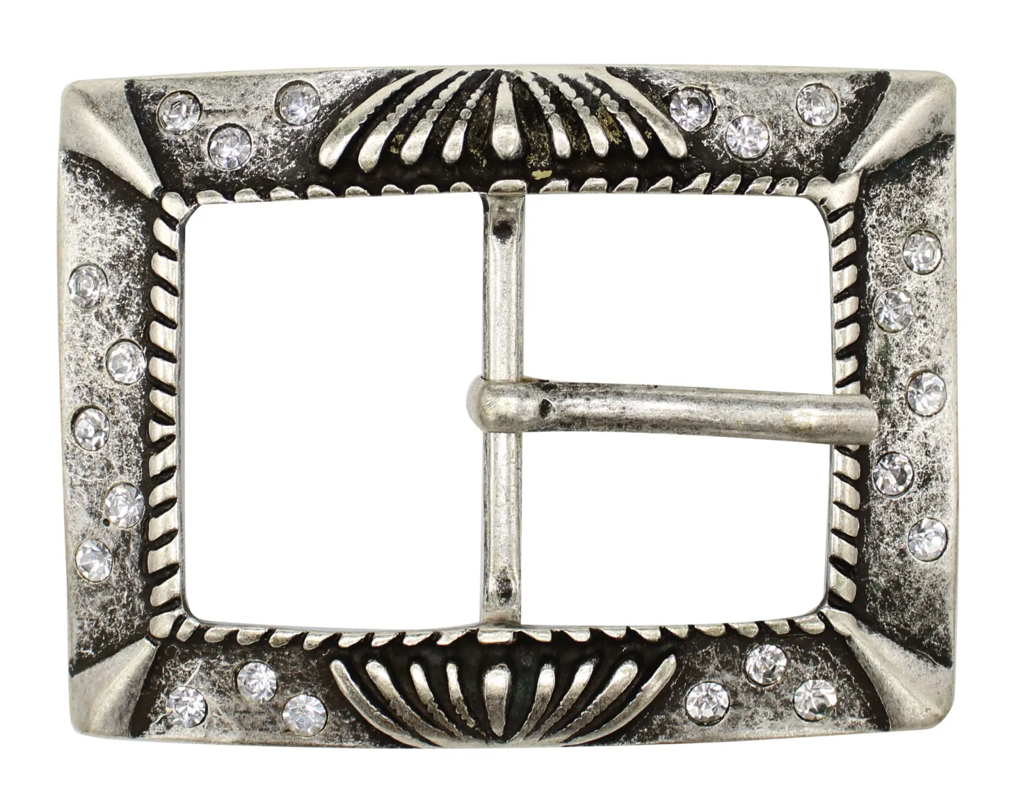 Gürtelschnalle in silber mit Strasssteinen und Verzierungen, 4 cm