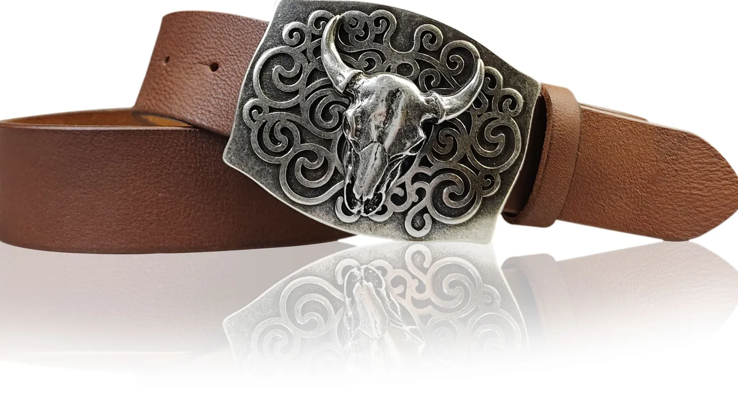HACIENDA Westerngürtel 4 cm mit Longhorn Büffelkopf Gürtelschnalle, Herren Gürtel, echt Leder