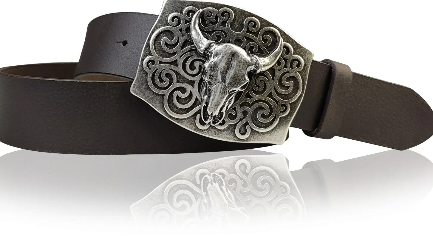HACIENDA Westerngürtel 4 cm mit Longhorn Büffelkopf Gürtelschnalle, Herren Gürtel, echt Leder