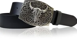 HACIENDA Westerngürtel 4 cm mit Longhorn Büffelkopf Gürtelschnalle, Herren Gürtel, echt Leder