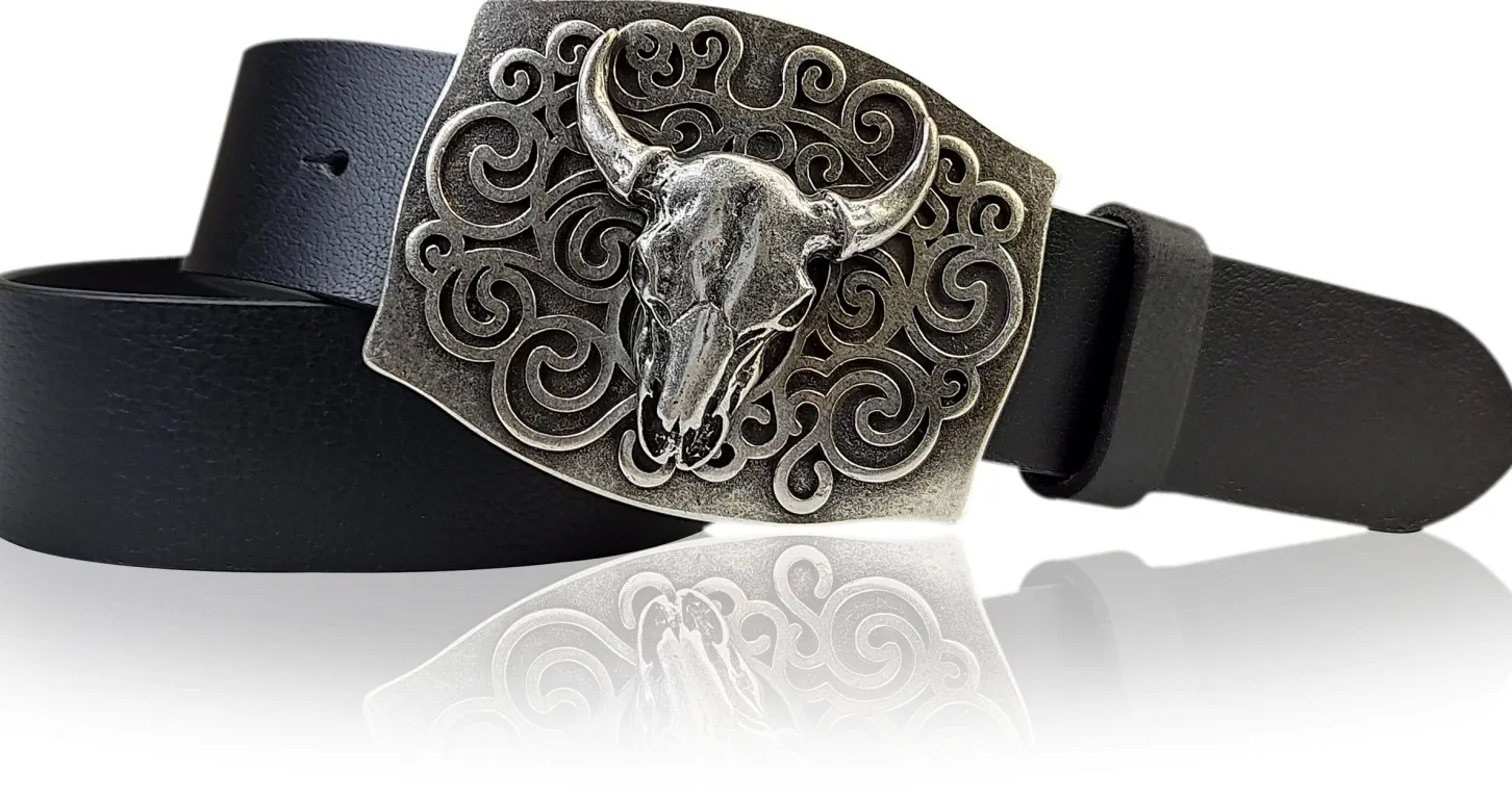 HACIENDA Westerngürtel 4 cm mit Longhorn Büffelkopf Gürtelschnalle, Herren Gürtel, echt Leder