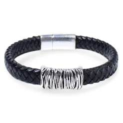 Herrenarmband aus geflochtenem Lederband mit großen Metallteil