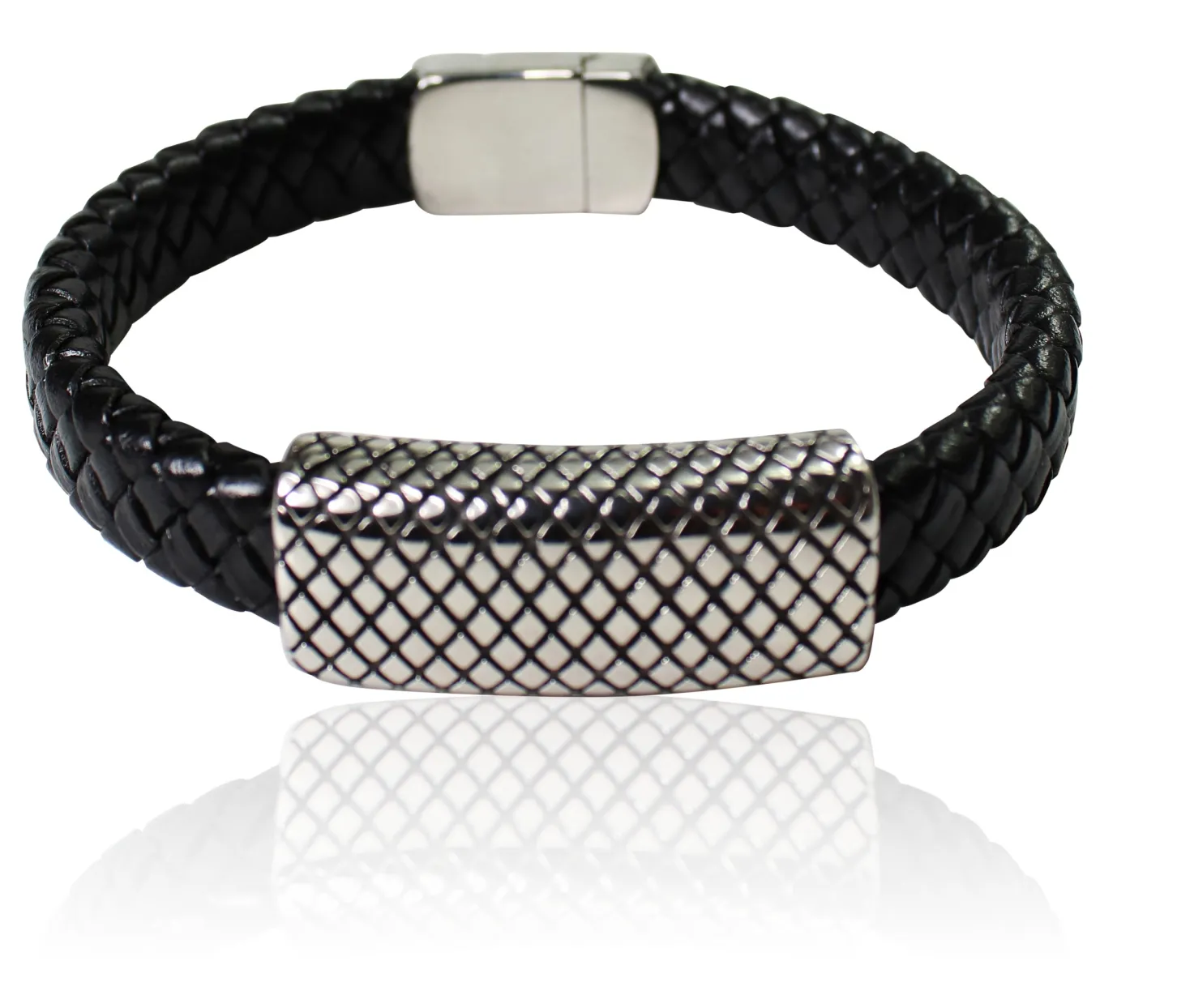Herrenarmband aus geflochtenem Lederband mit großen Metallteil
