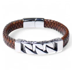 Herrenarmband aus Leder mit verziertem Schmuckteil aus Edelstahl