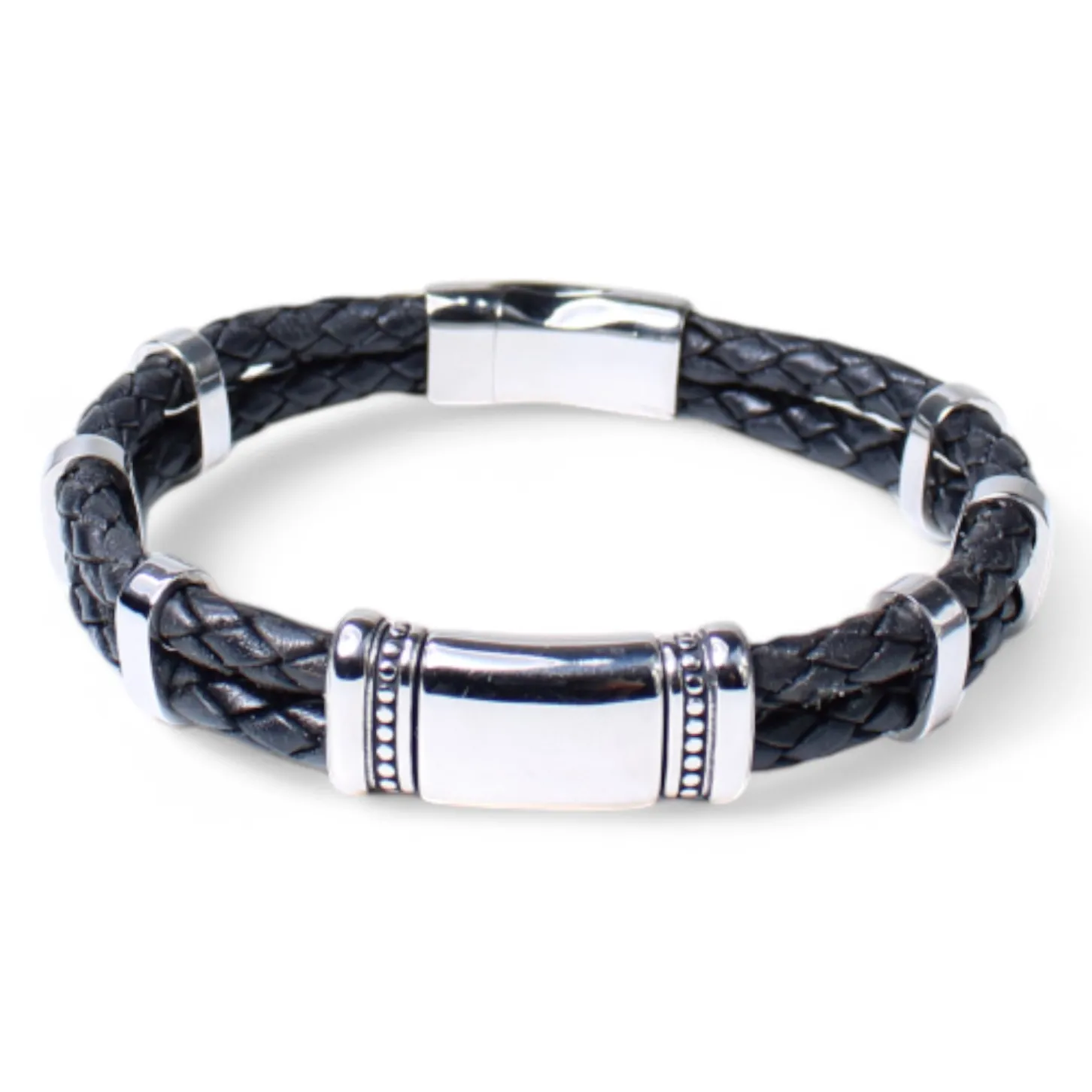 Herrenarmband doppelt geflochtene Lederkordel, Edelstahl Zierteile