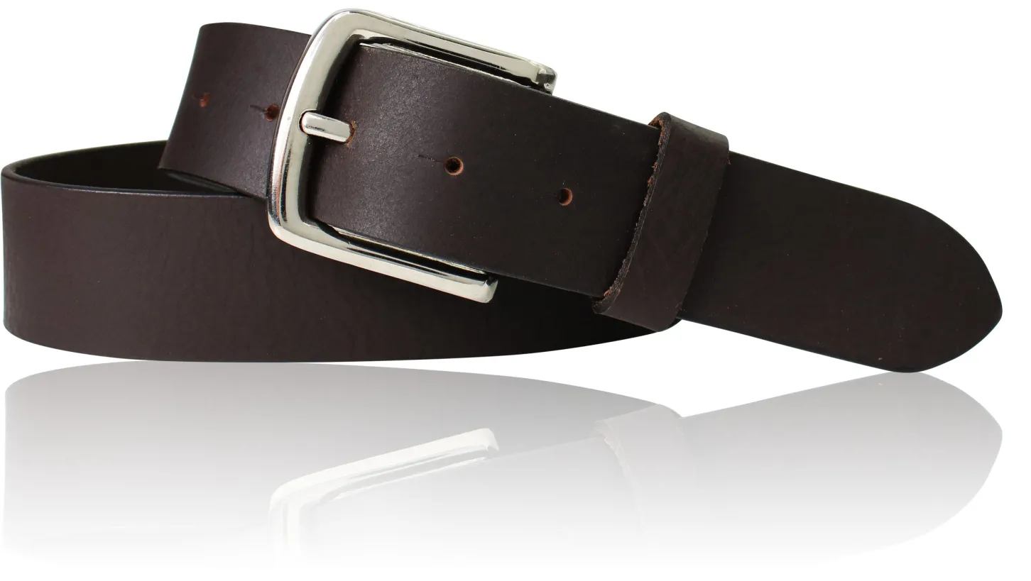 Herrengürtel 4 cm mit silbrig glänzender, massiver Metall Gürtelschnalle, Narbenleder