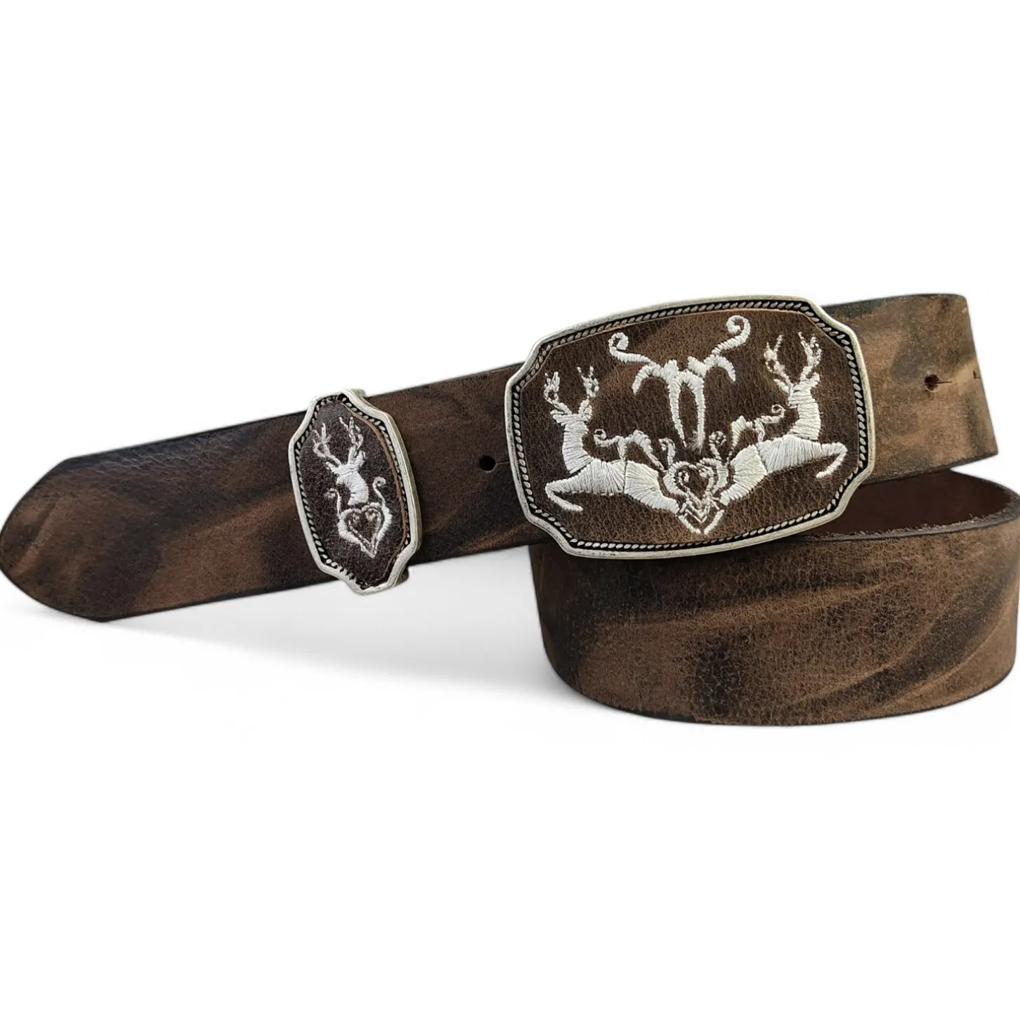 HIRSCHTANZ Trachtengürtel Hirsch Stickerei, 4 cm echt Leder Gürtel