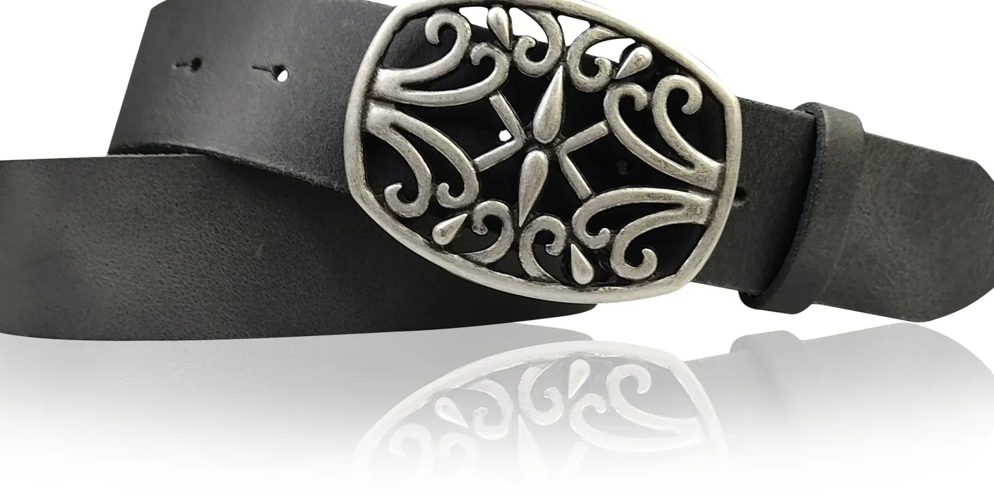 IVY: schöner Damen Ledergürtel 4 cm, echt Ledergürtel, floraler Gürtelschnalle