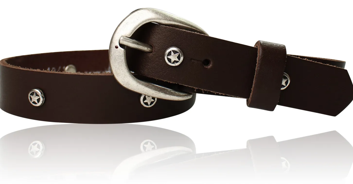 JUPITER Kindergürtel mit silberner Gürtelschnalle, echtes Leder mit runden Stern Nieten, 2,5 cm breit