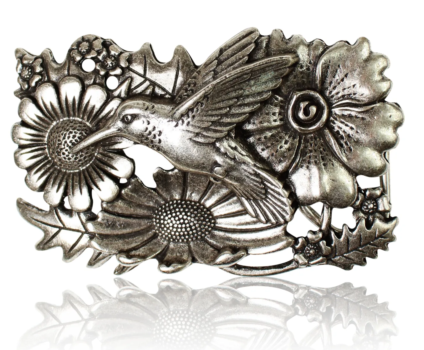 KOLIBRI Gürtelschnalle 4 cm silber, Kolibri und Blumenmuster