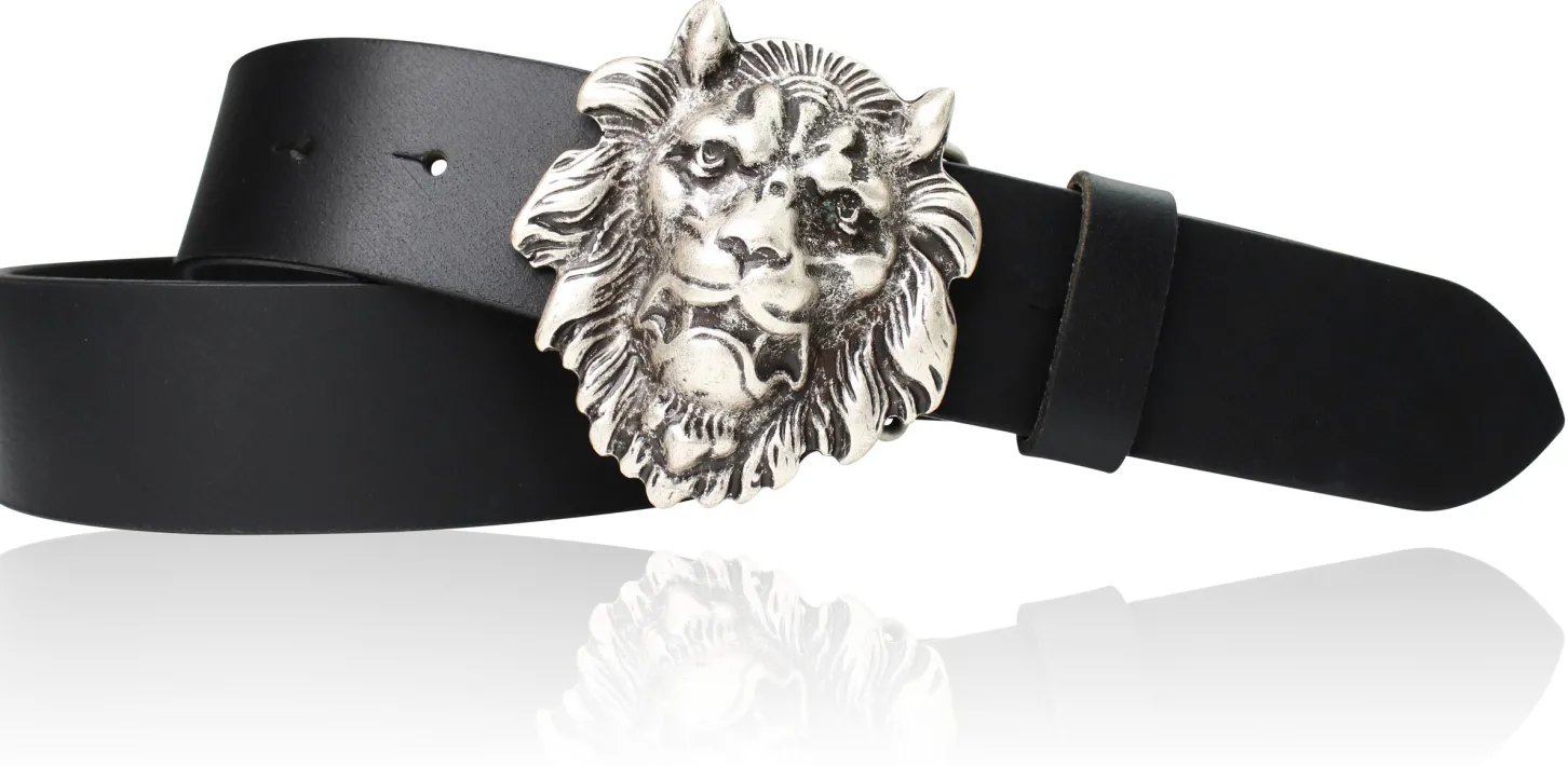 Ledergürtel mit Löwenkopf Gürtelschnalle, Büffelleder