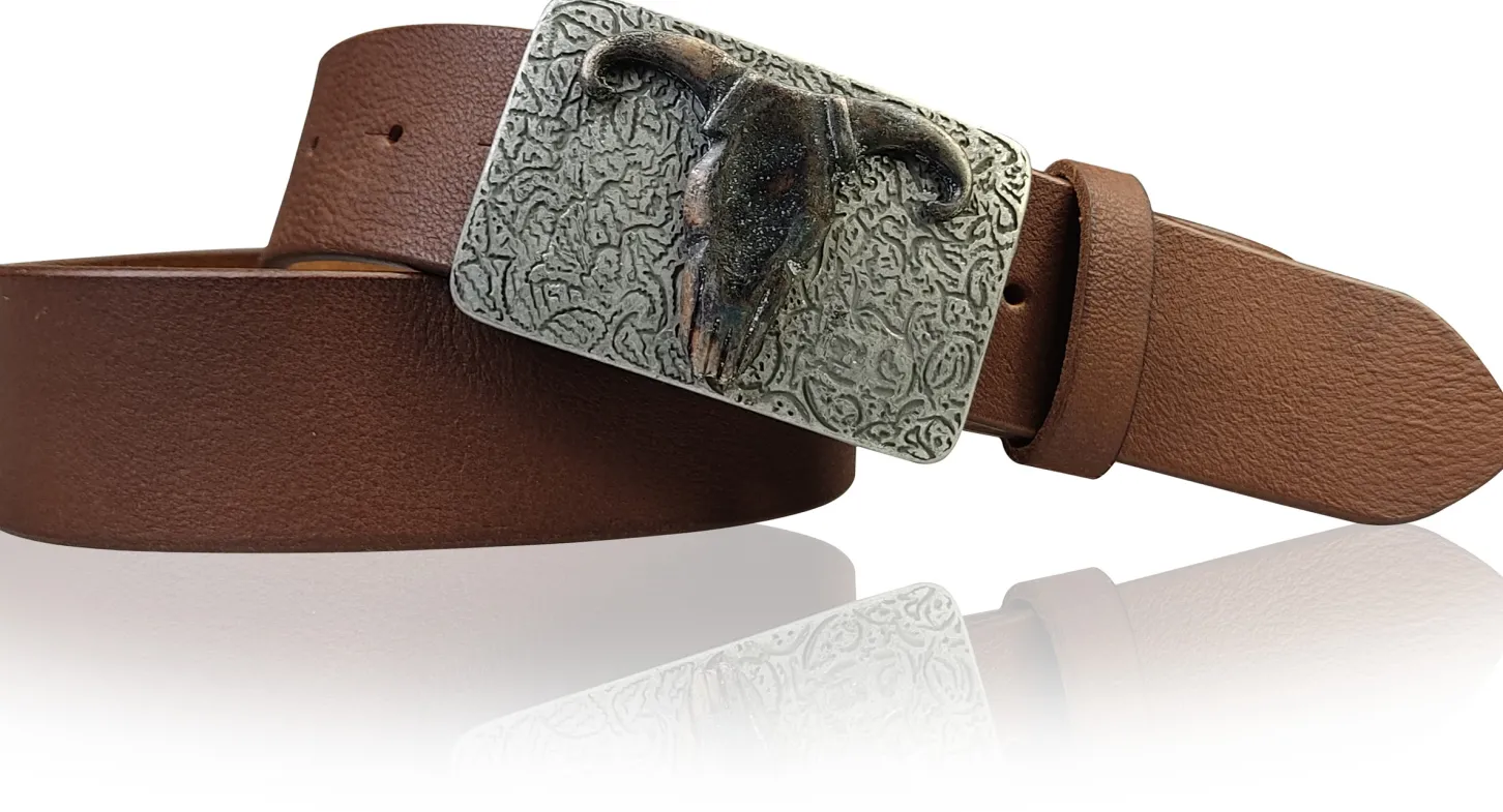 LONGHORN: Western Gürtel mit Büffel Gürtelschnalle, Vollleder