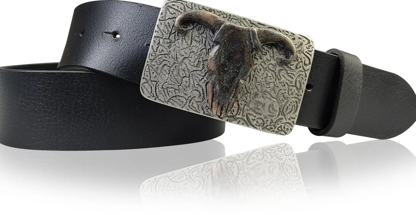 LONGHORN: Western Gürtel mit Büffel Gürtelschnalle, Vollleder