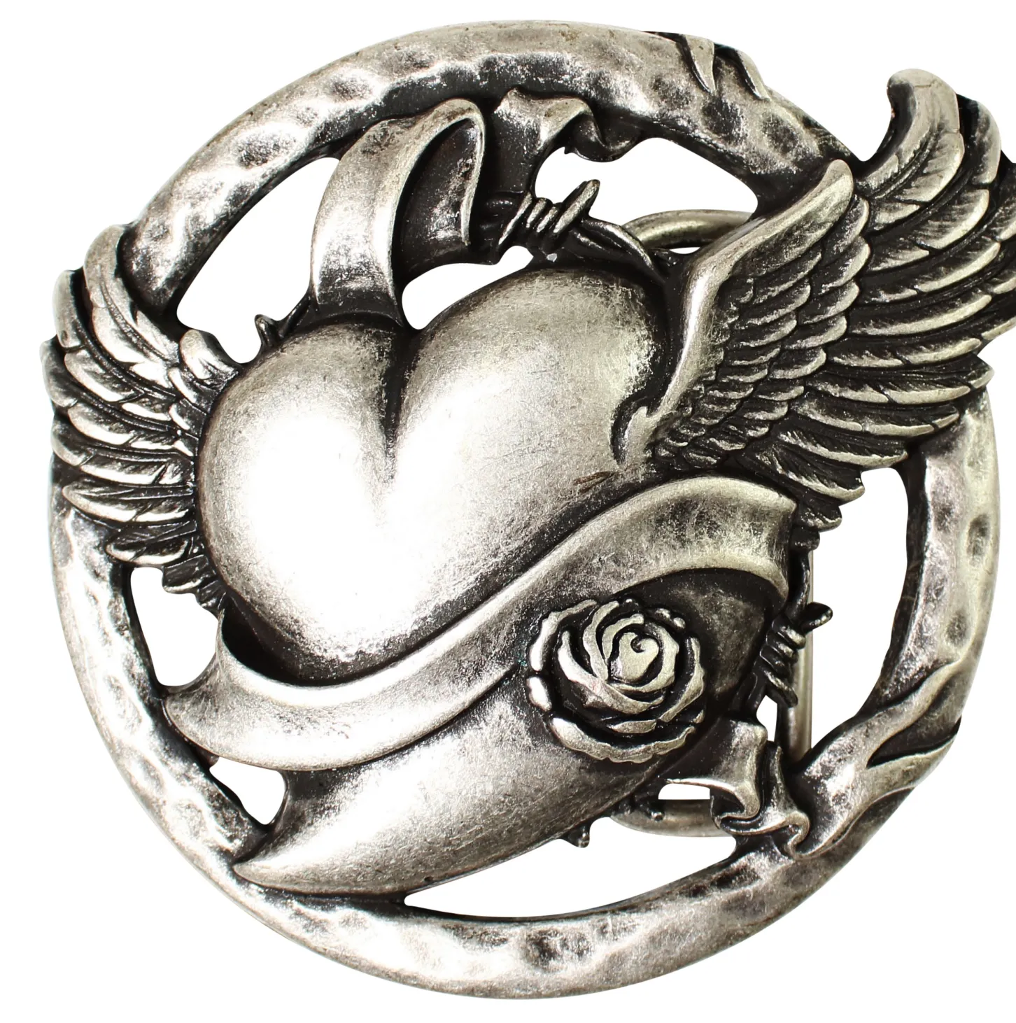 LOVE & PEACE runde Gürtelschnalle fliegendes Herz 4 cm Damen, silber