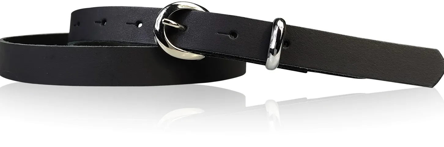 MIA: schmaler Damen Ledergürtel 2 cm, silbern glänzende Gürtelschnalle und Schlaufe, echt Leder