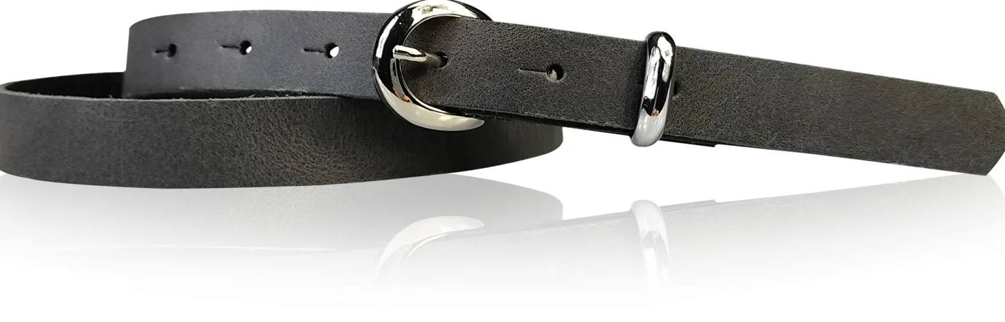 MIA: schmaler Damen Ledergürtel 2 cm, silbern glänzende Gürtelschnalle und Schlaufe, echt Leder
