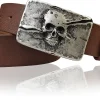 NEAPEL: Gürtel 4 cm mit toller Totenkopf Gürtelschnalle mattsilbern, echtes Leder