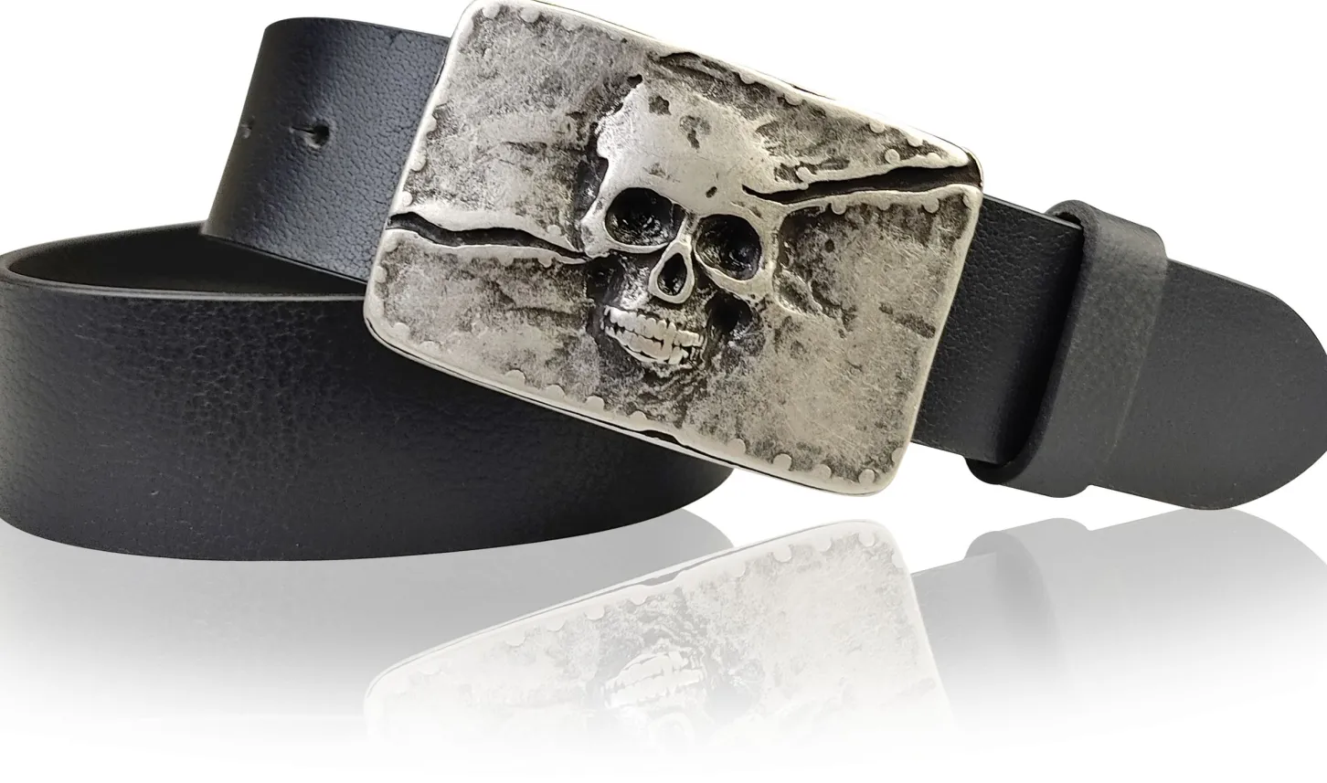 NEAPEL: Gürtel 4 cm mit toller Totenkopf Gürtelschnalle mattsilbern, echtes Leder