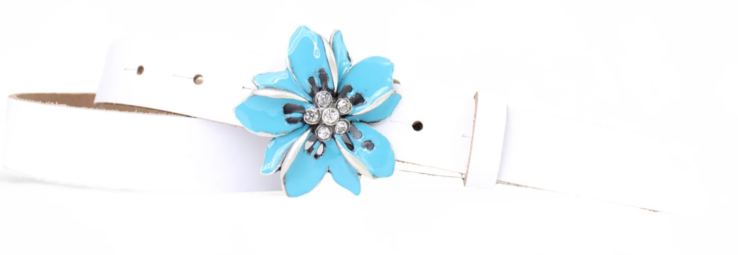 O`AHU sommerlicher Gürtel mit Koppelschnalle Blume türkis, emailliert, 3 cm