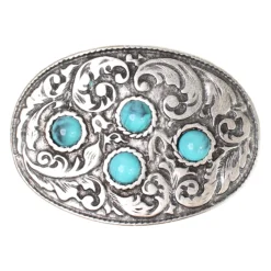 Ovale Gürtelschnalle, türkise Zierteile, florale Verzierung, 4 cm