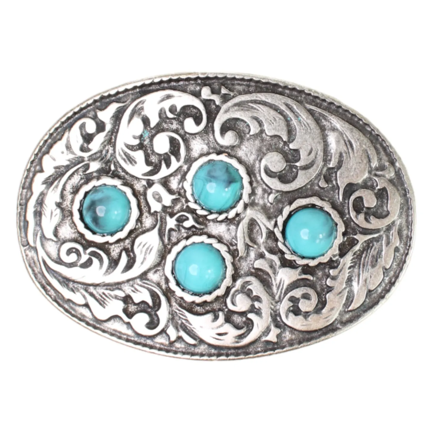 Ovale Gürtelschnalle, türkise Zierteile, florale Verzierung, 4 cm