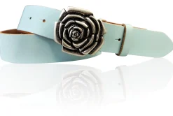ROSE Damen Ledergürtel Motivschnalle Rosenblüte altsilberne Gürtelschnalle 4 cm