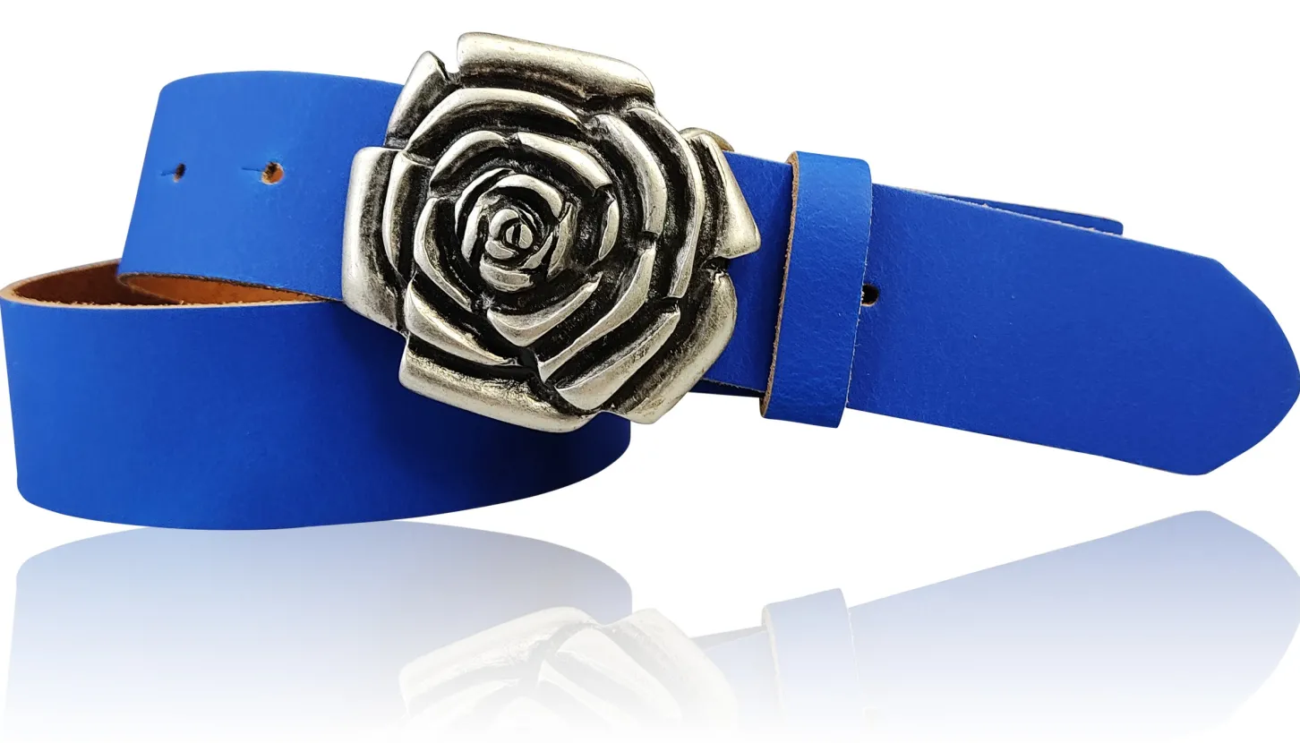 ROSE Damen Ledergürtel Motivschnalle Rosenblüte altsilberne Gürtelschnalle 4 cm