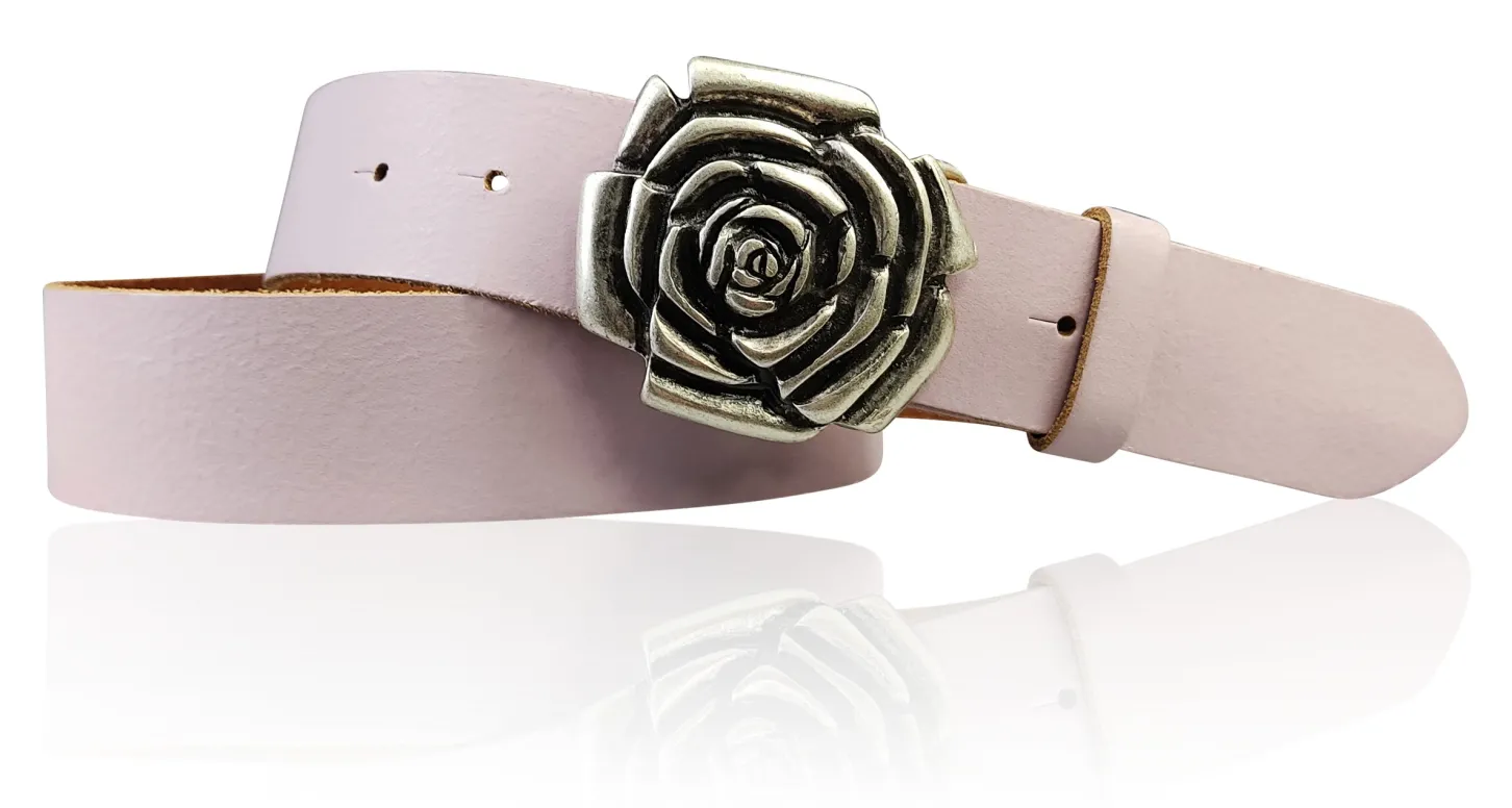 ROSE Damen Ledergürtel Motivschnalle Rosenblüte altsilberne Gürtelschnalle 4 cm
