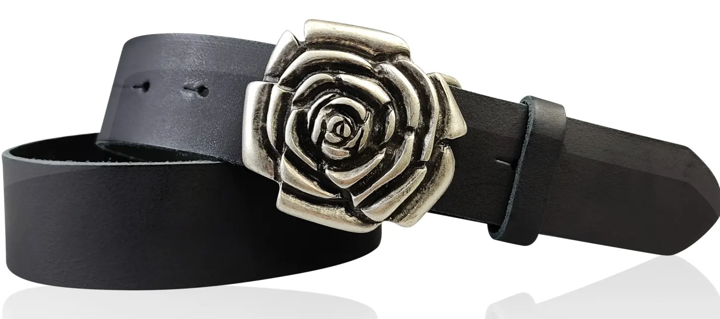 ROSE Damen Ledergürtel Motivschnalle Rosenblüte altsilberne Gürtelschnalle 4 cm