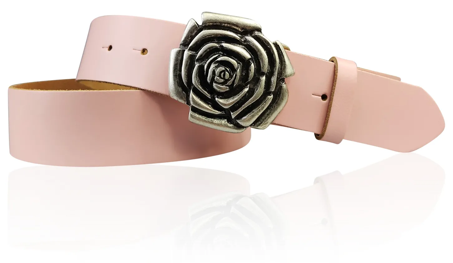 ROSE Damen Ledergürtel Motivschnalle Rosenblüte altsilberne Gürtelschnalle 4 cm