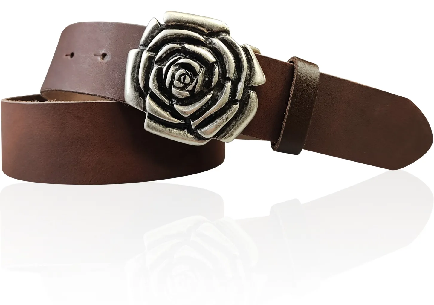 ROSE Damen Ledergürtel Motivschnalle Rosenblüte altsilberne Gürtelschnalle 4 cm