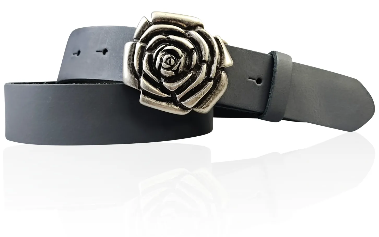 ROSE Damen Ledergürtel Motivschnalle Rosenblüte altsilberne Gürtelschnalle 4 cm