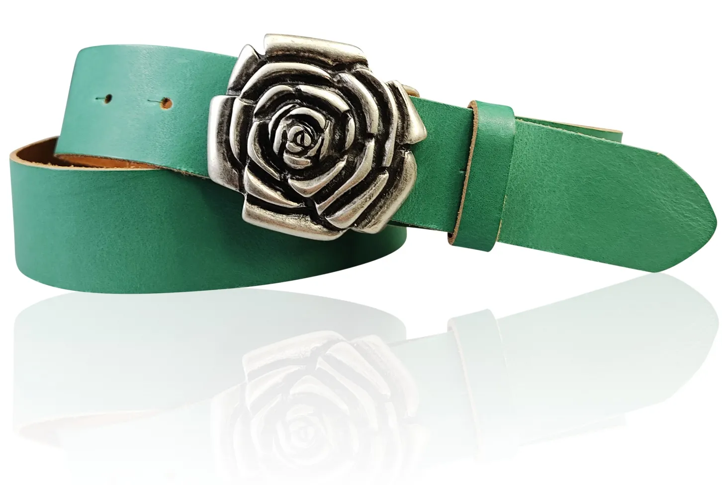 ROSE Damen Ledergürtel Motivschnalle Rosenblüte altsilberne Gürtelschnalle 4 cm