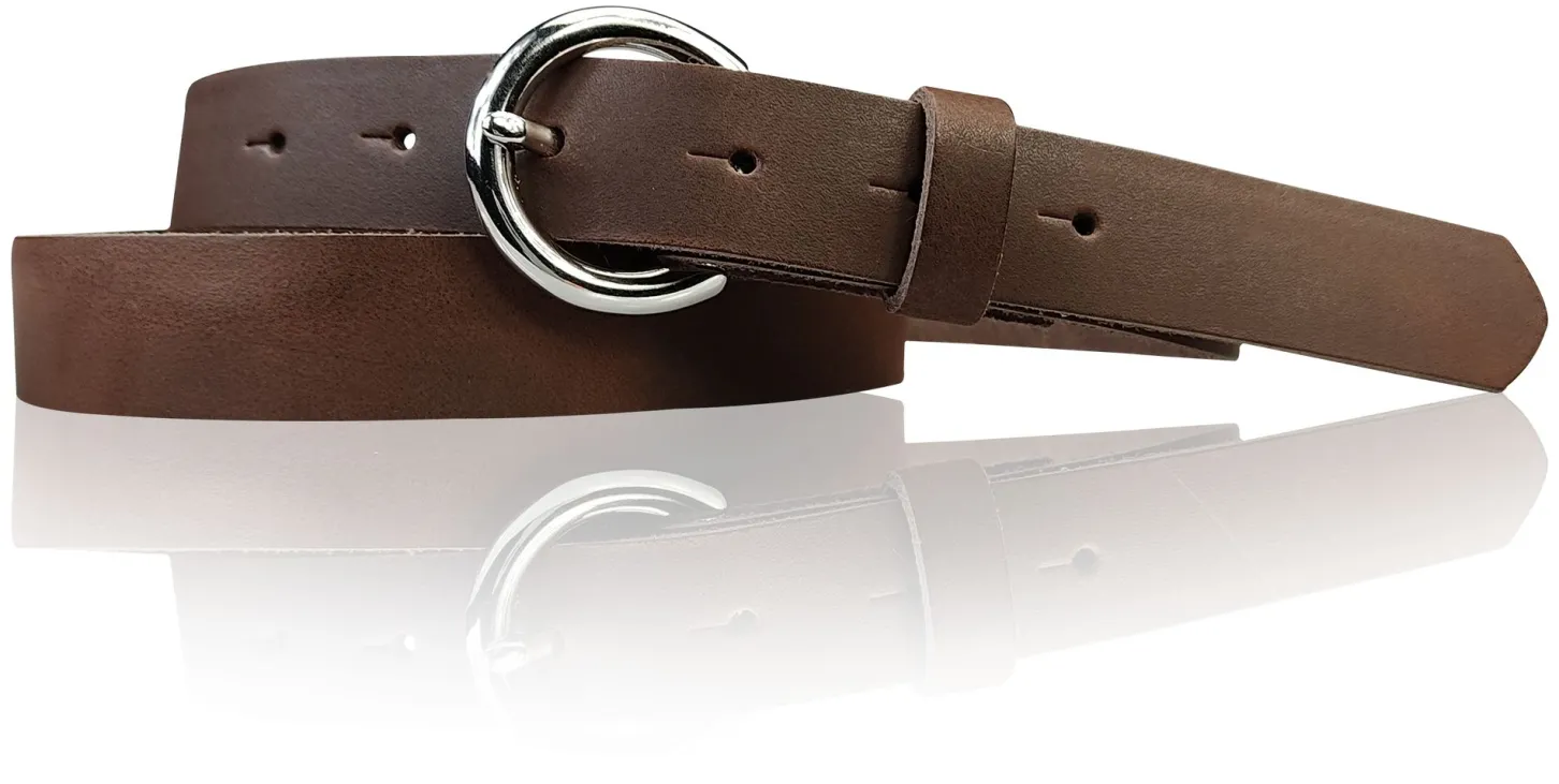 SANAI: schmaler Damen Ledergürtel 2,5 cm mit silberner runder Gürtelschnalle