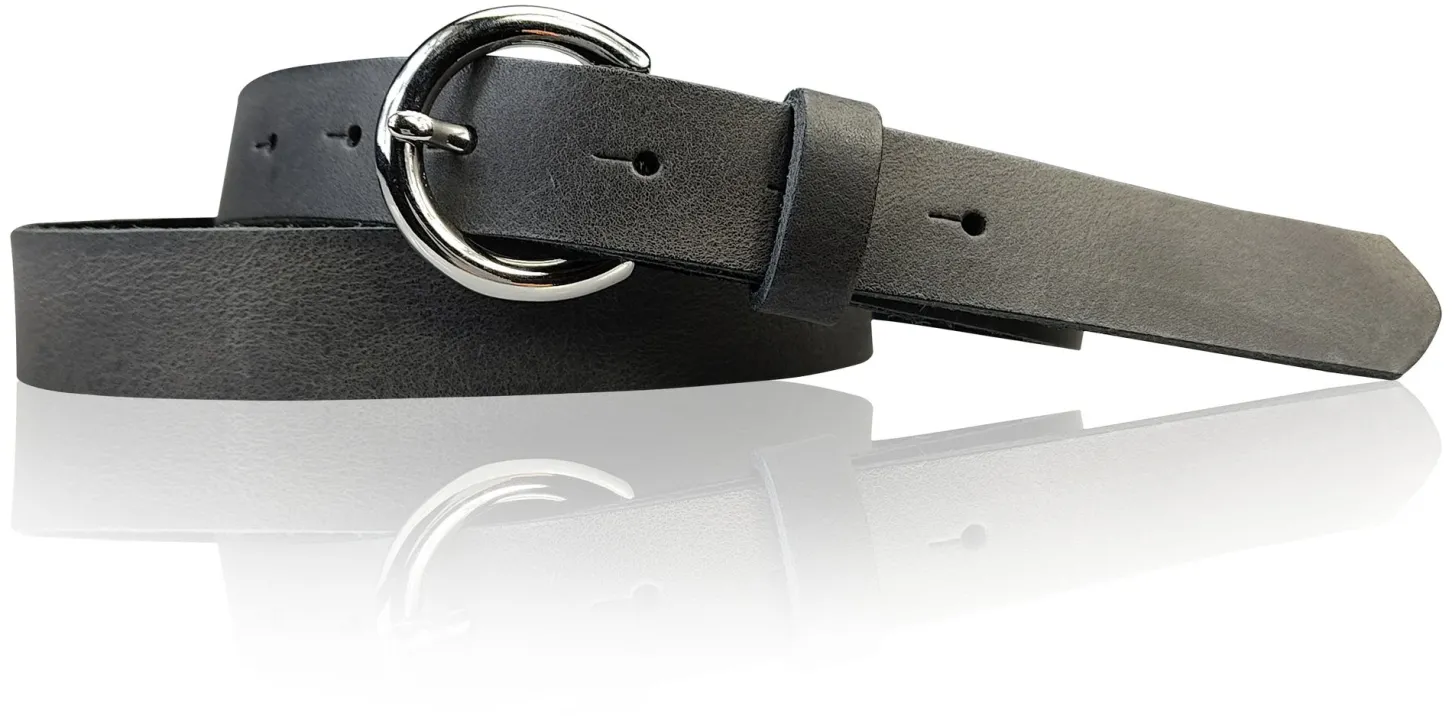SANAI: schmaler Damen Ledergürtel 2,5 cm mit silberner runder Gürtelschnalle