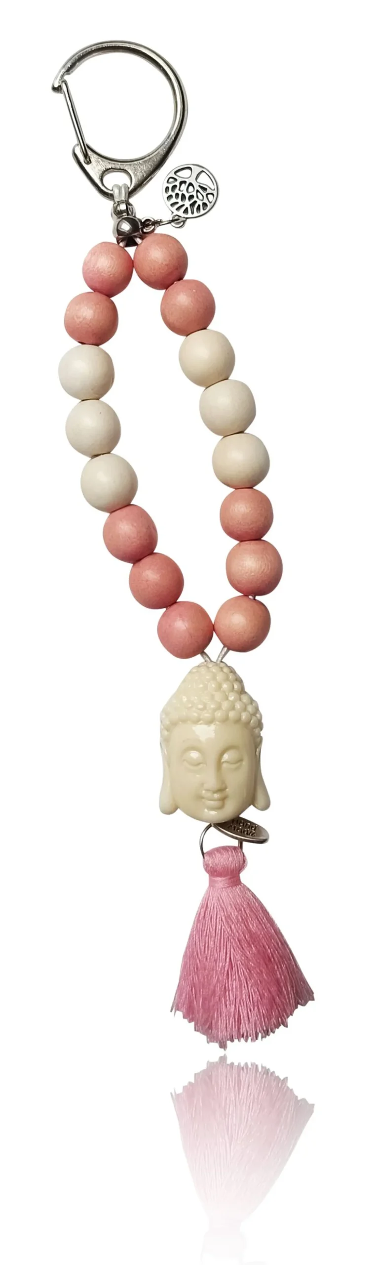 Schlüsselanhänger aus Holzperlen mit Buddhakopf Acryl, Baumwollquaste