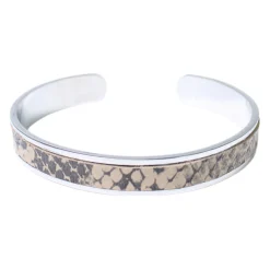 schmaler Armreif aus Edelstahl, Kunstleder, Python Optik, silber