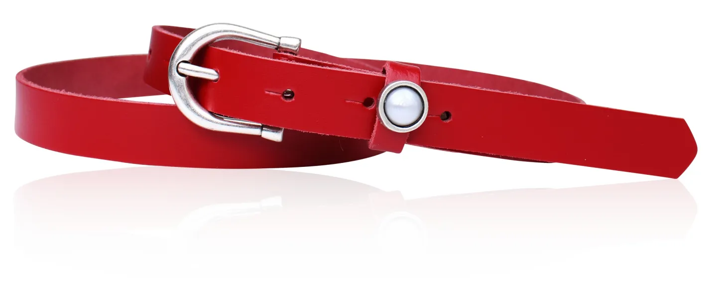 Schmaler Damen Ledergürtel 2,2 cm mit versilberter Hufeisen Gürtelschnalle, Zier Perle