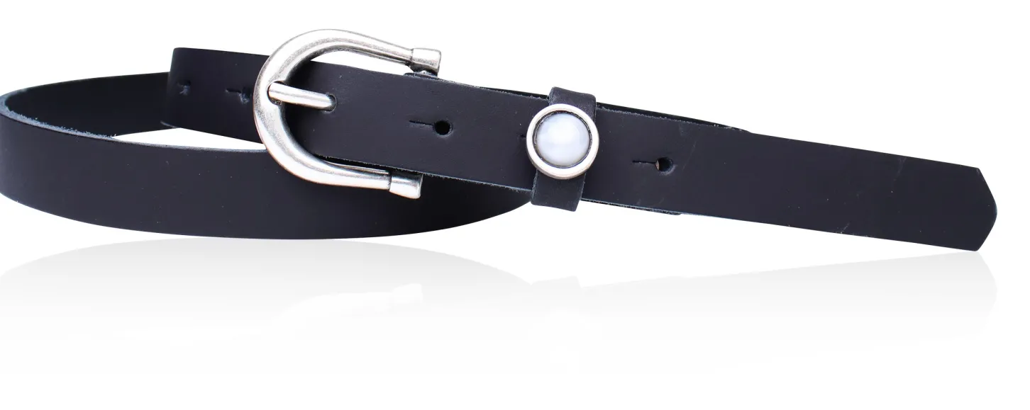 Schmaler Damen Ledergürtel 2,2 cm mit versilberter Hufeisen Gürtelschnalle, Zier Perle