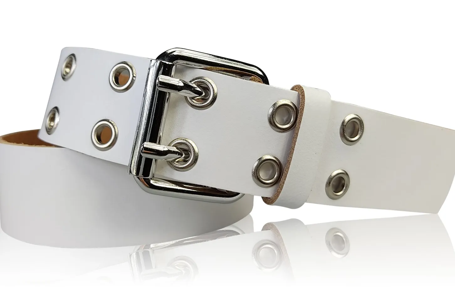 SILVER EYELET: toller Doppeldorn Gürtel mit Ösen und Rollschnalle, echt Leder, 4 cm