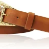 SOFIA Damen Ledergürtel mit verzierter Gürtelschnalle und Perlen in gold, 3 cm