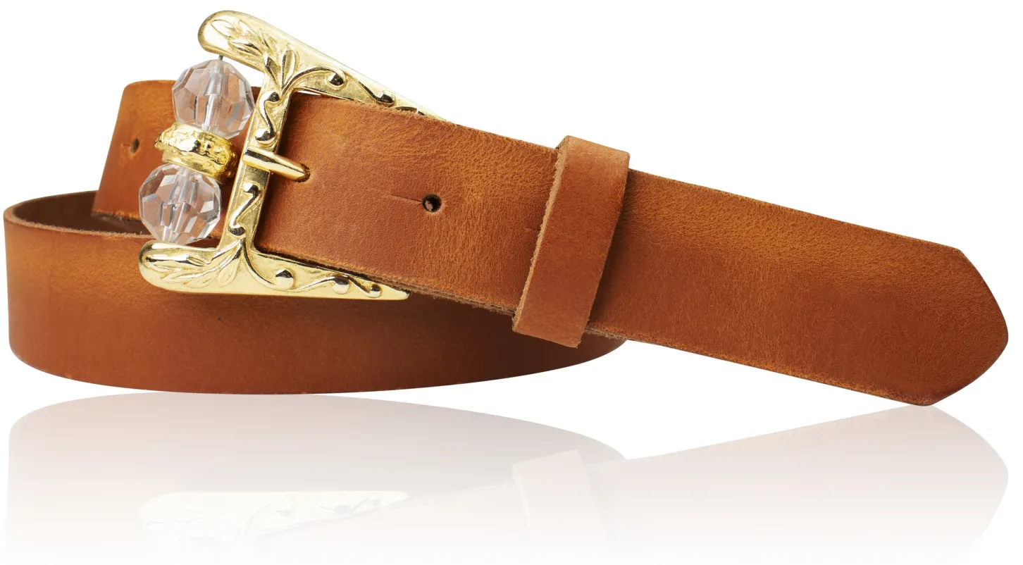 SOFIA Damen Ledergürtel mit verzierter Gürtelschnalle und Perlen in gold, 3 cm